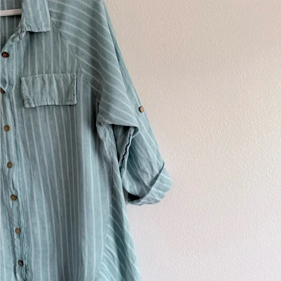 Meo Meli Light Blue Striped 100%  Linen Hi Low Button Down Dress OS - Picture 4 of 8